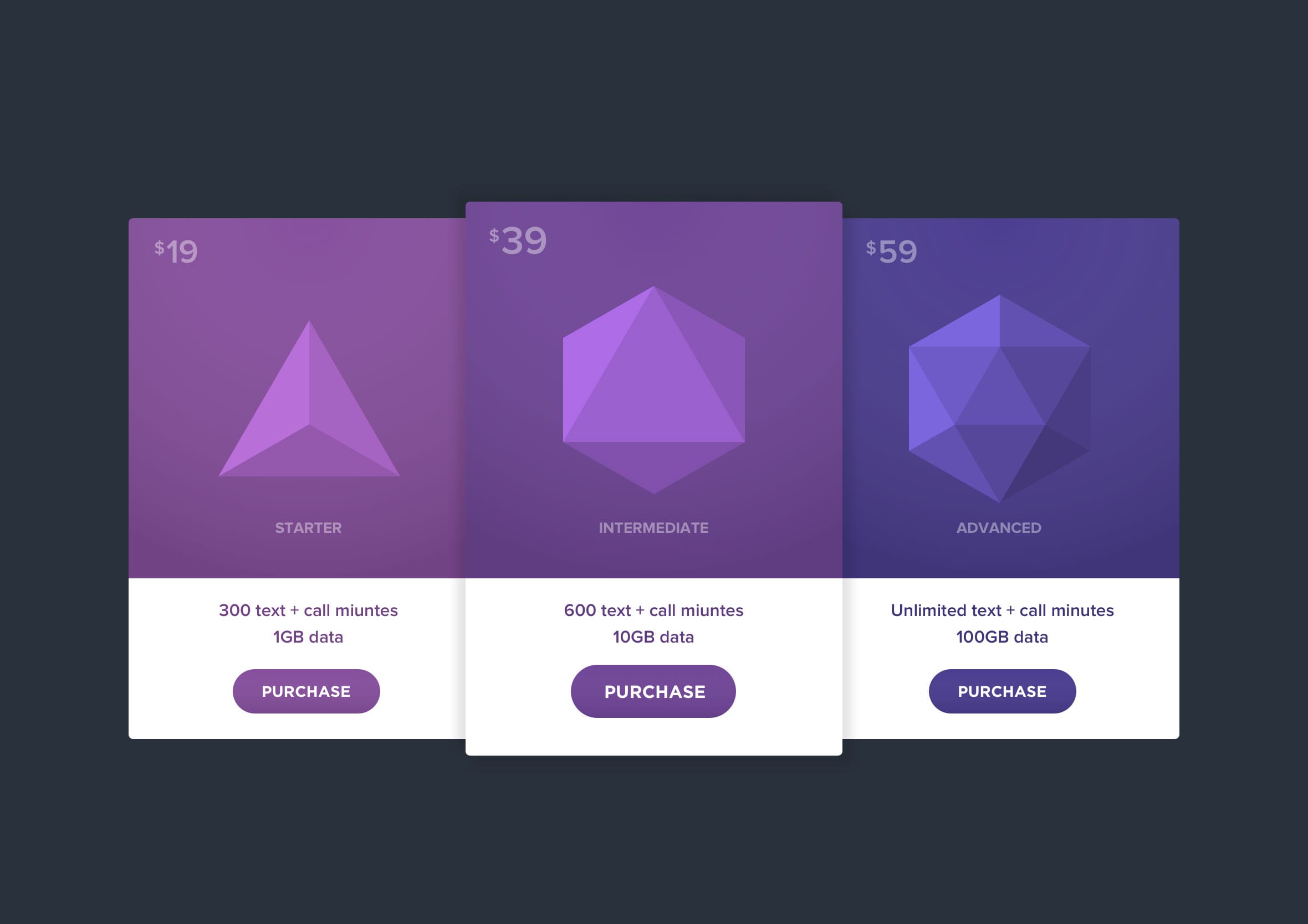Pricing table displaying three purple subscription tier cards with 3D geometric shapes.