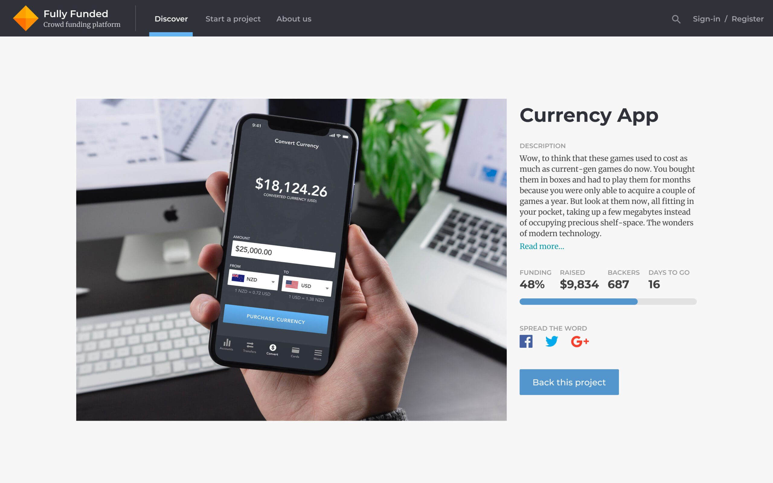 Crowdfunding campaign page for a currency app with a phone mockup, description, progress bar, and backer details.