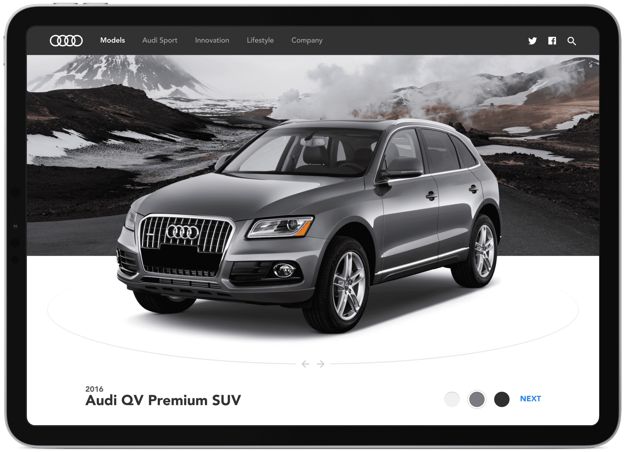 Interactive Audi SUV product configurator page showing a 360-view preview and color options.