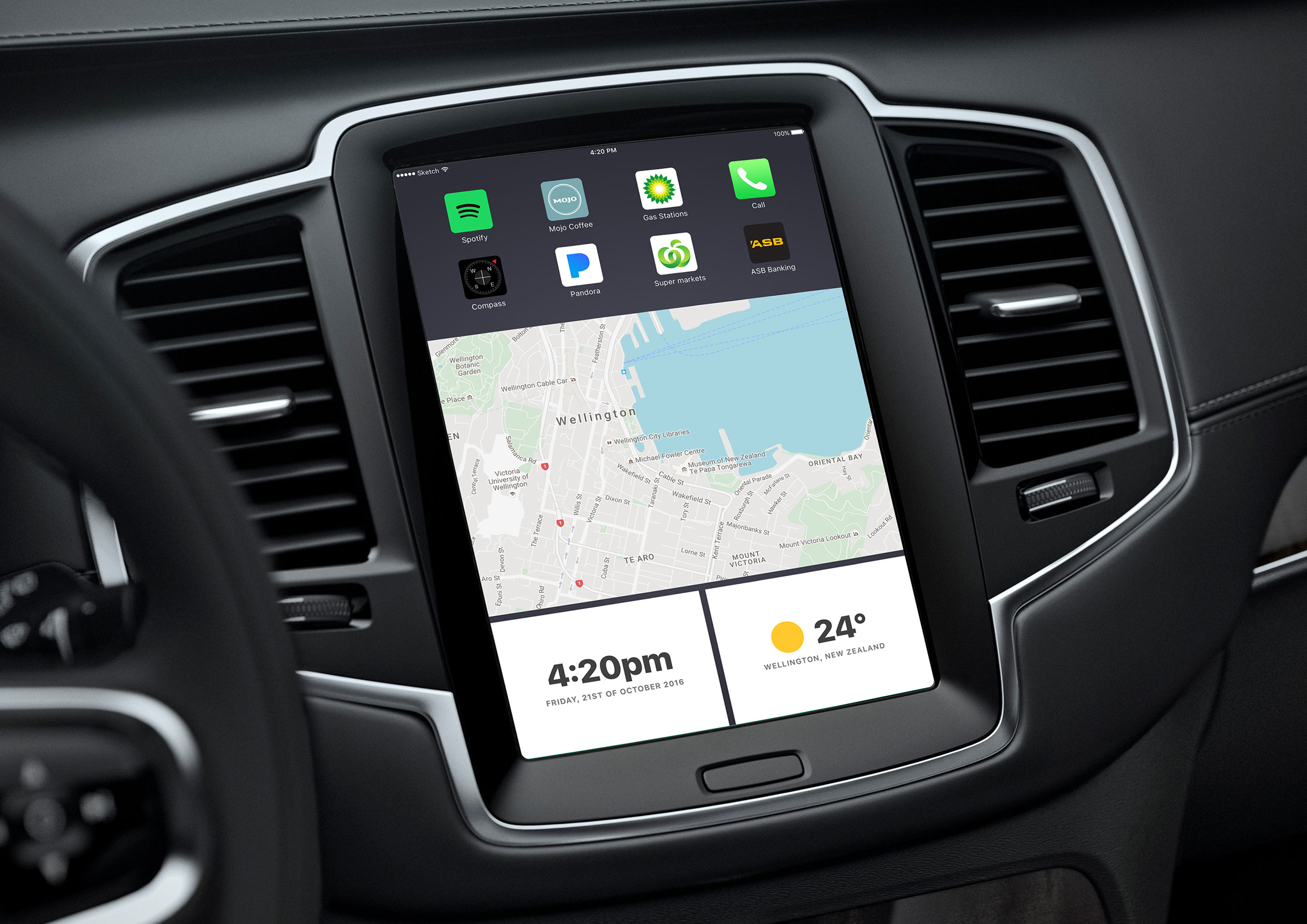 In-car infotainment dashboard display showing apps, navigation map, clock, and local weather.