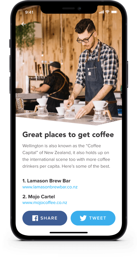 Mobile blog post interface featuring a barista at work, article copy about Wellington coffee shops, and social share buttons.
