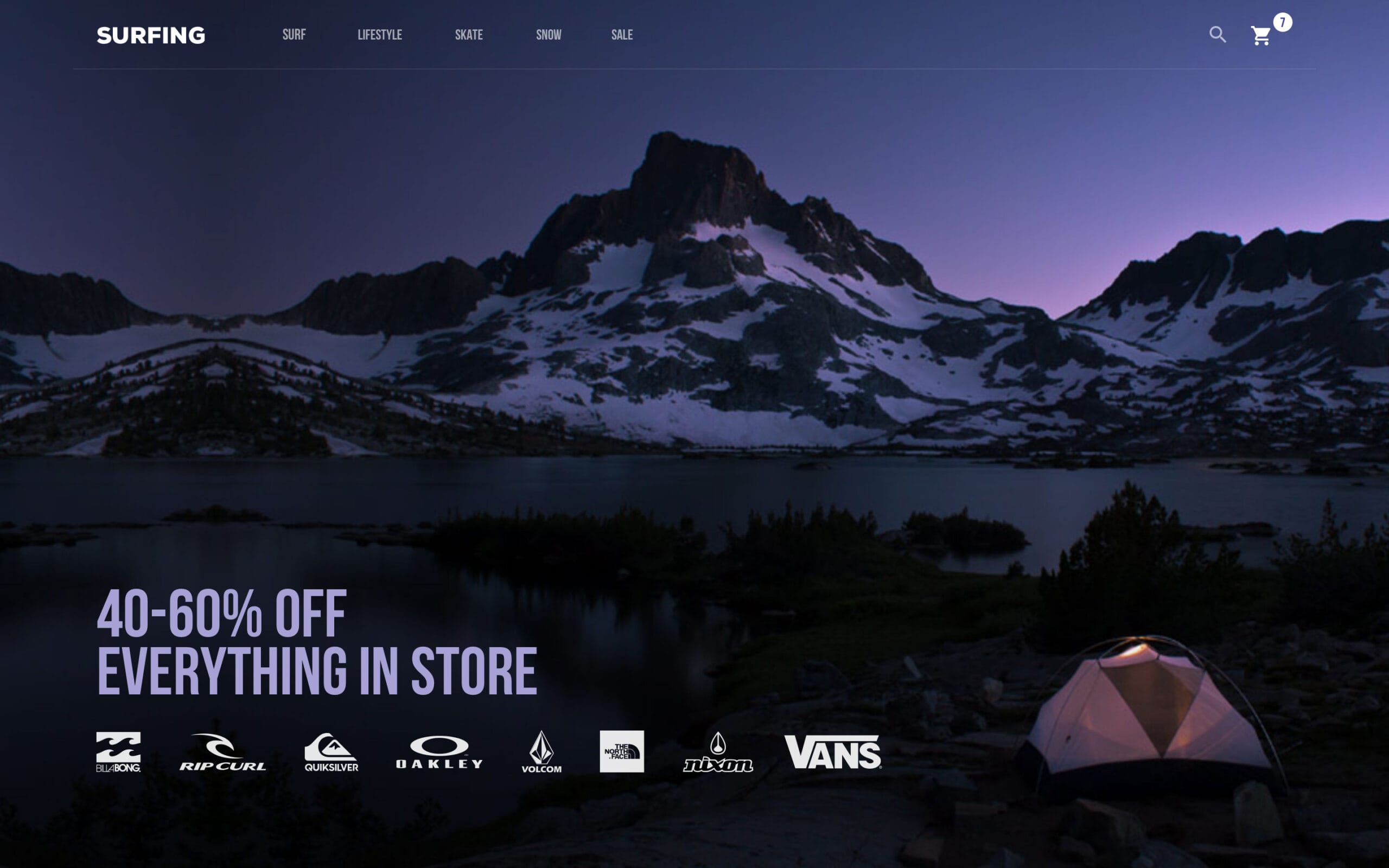 E-commerce promotional banner featuring a mountain campsite background with store discount copy and brand logos.