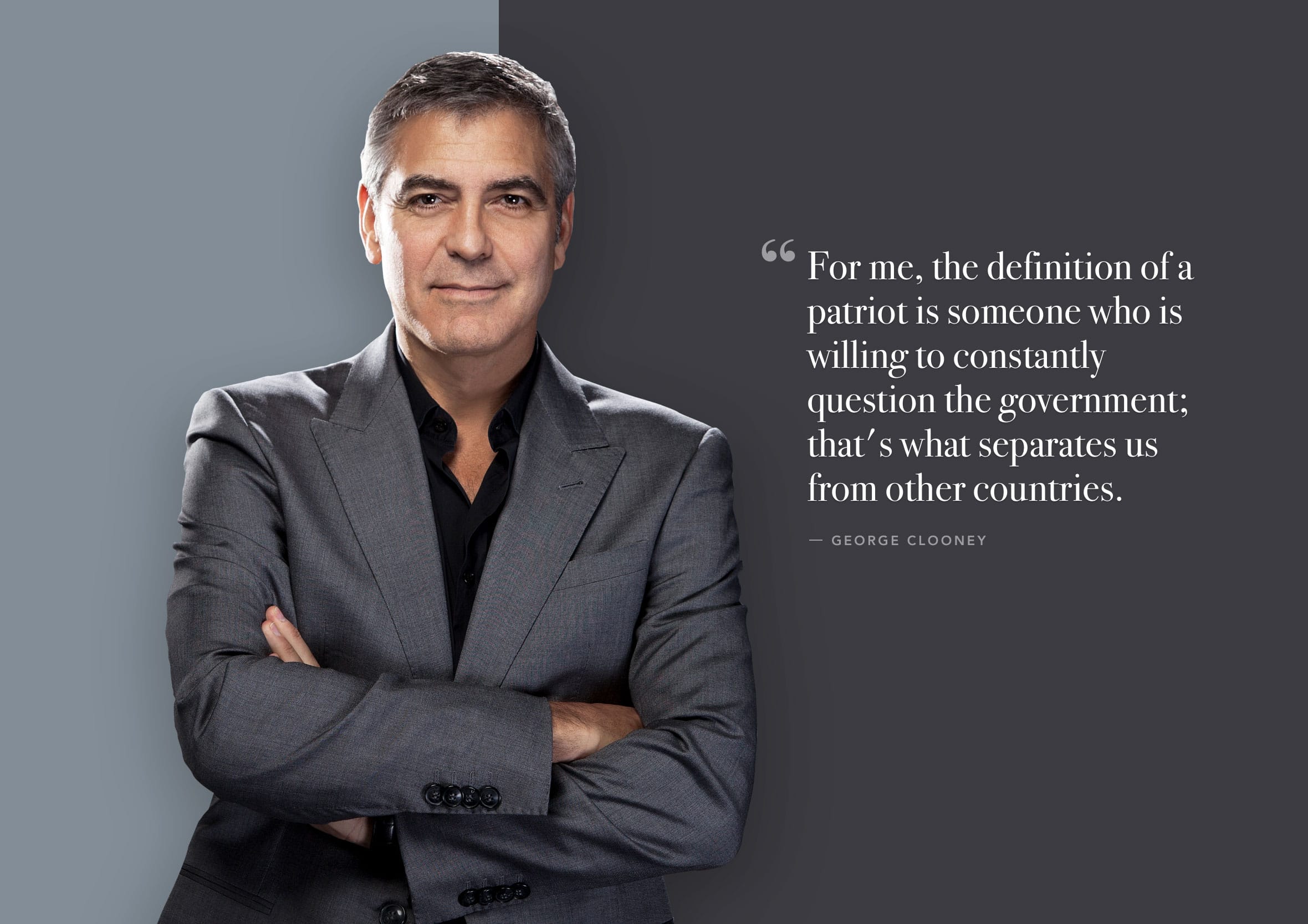 Testimonial card featuring a portrait of George Clooney alongside a printed quote.