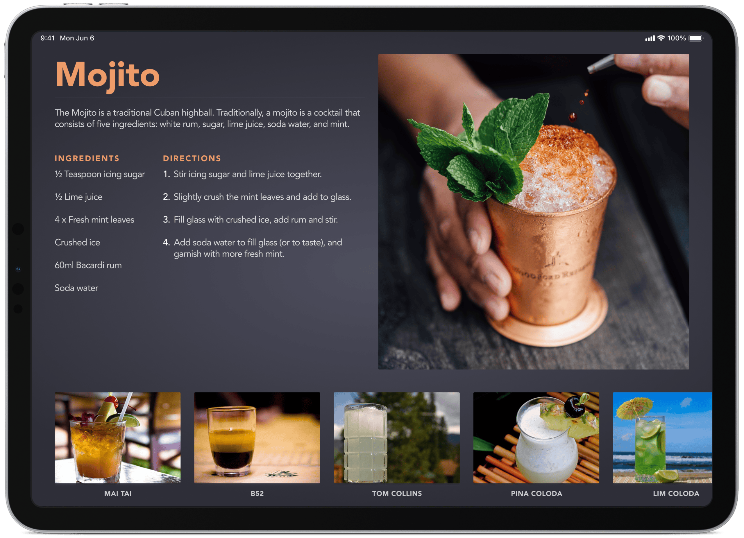 Tablet display showing a Mojito cocktail recipe with ingredients, instructions, and cocktail thumbnails below.