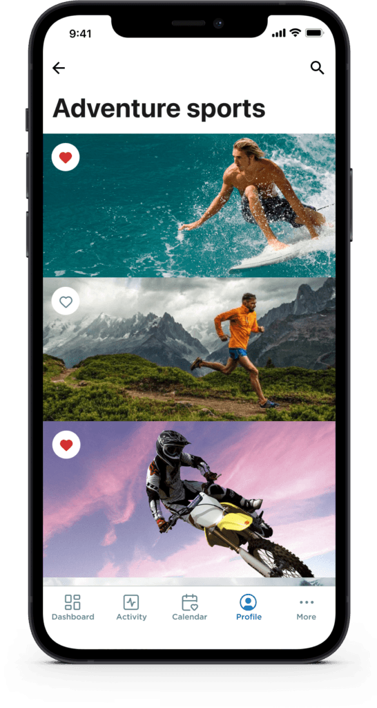 Mobile app view featuring full-width photo cards for adventure sports with heart icons.