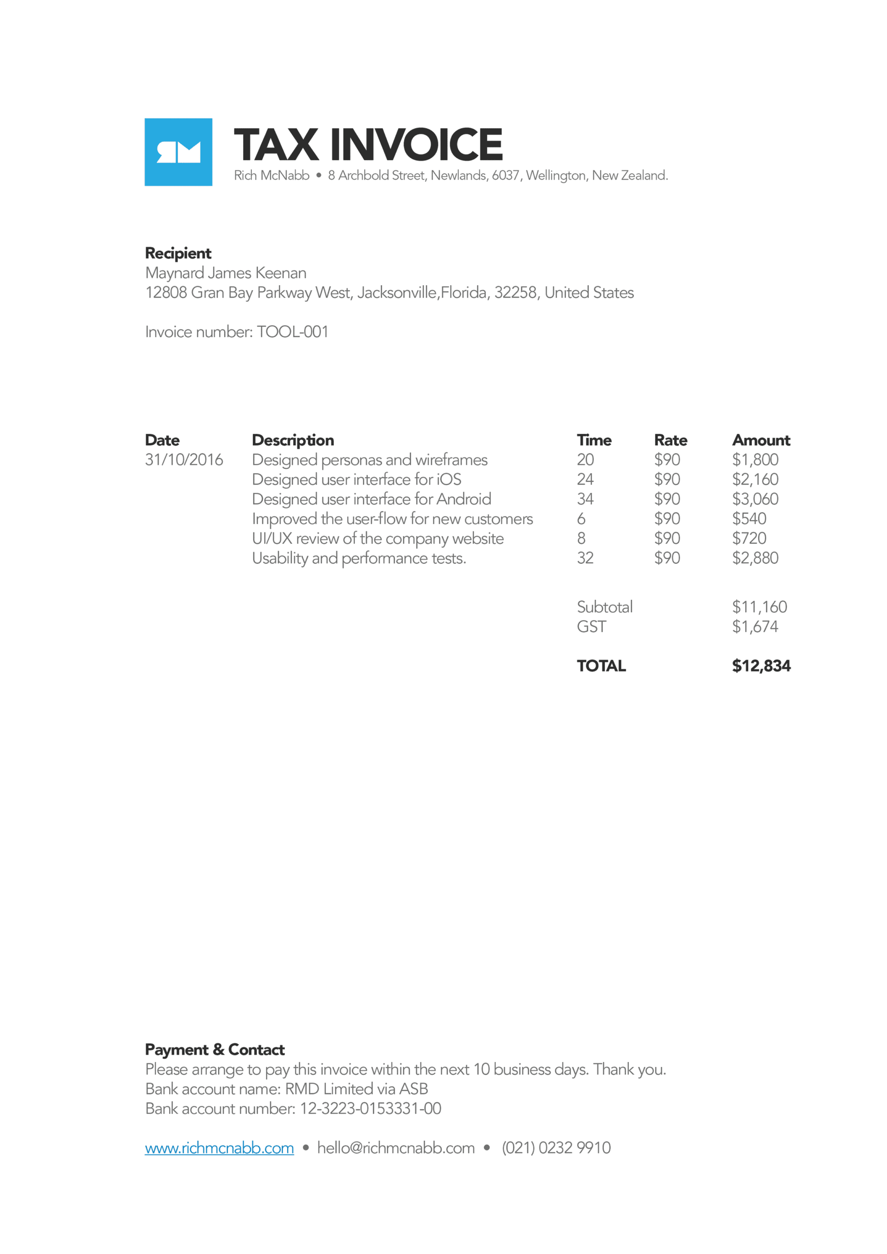 Minimalist professional tax invoice layout displaying line items, subtotal, GST, and total amount due.