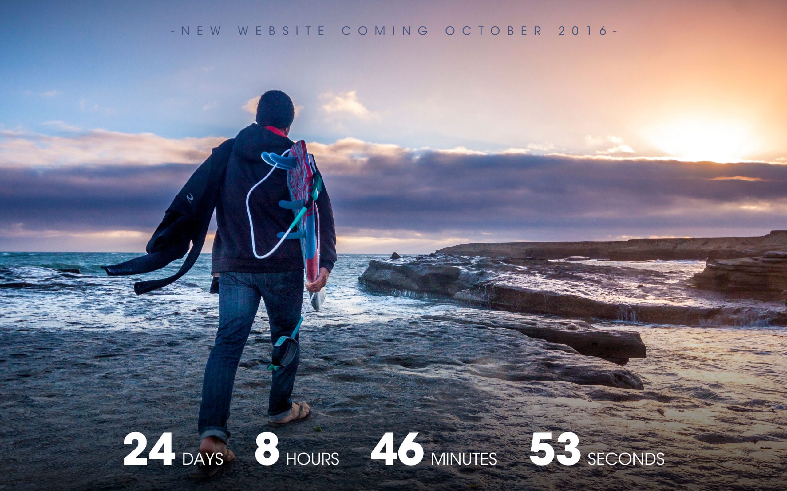 Landing page for a coming soon announcement with a surfer photo background and a live countdown timer.