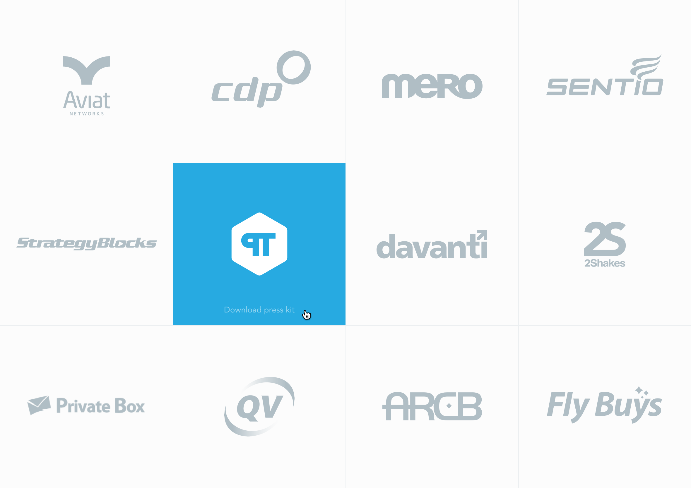 Grid layout of company brand logos featuring an active blue highlight box with a download press kit prompt.