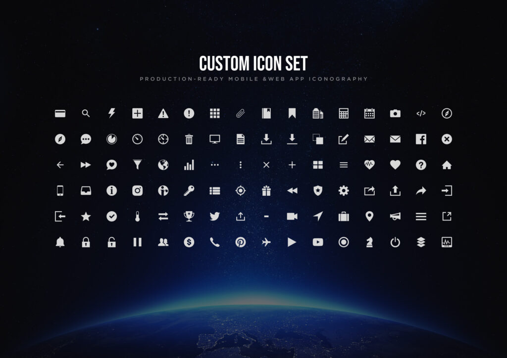 Grid display of minimalist white UI icons for web and mobile applications against a dark space background.
