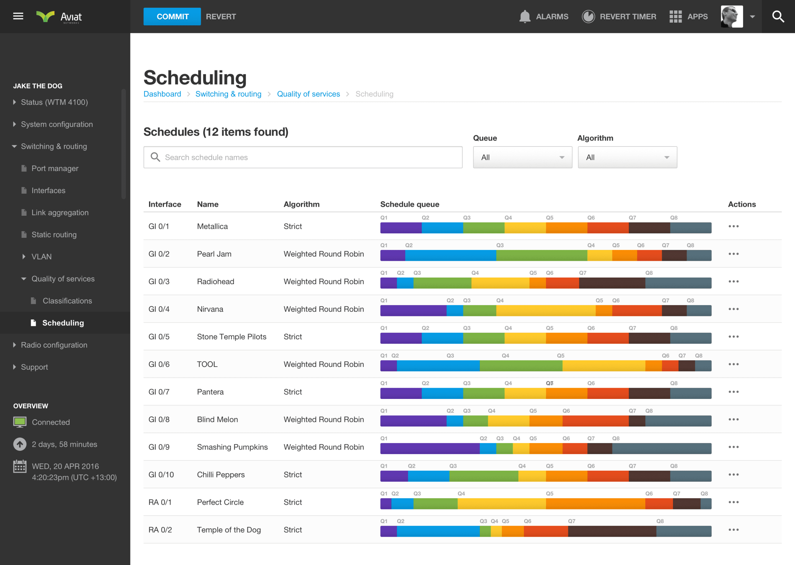 Enterprise network management web dashboard showing navigation breadcrumbs and a scheduling table.