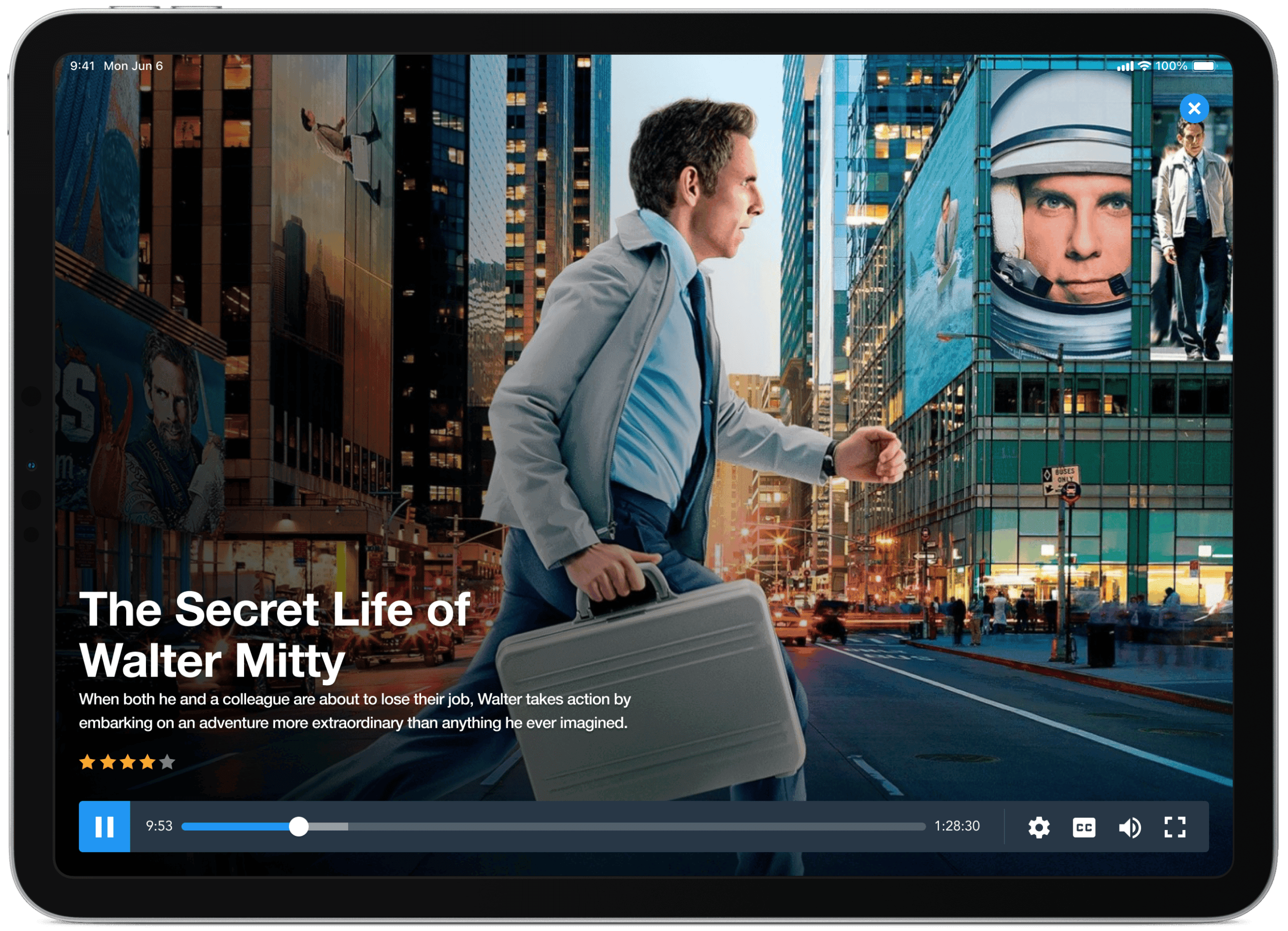 Media player interface on an iPad displaying the movie title and playback controls over scene stills.