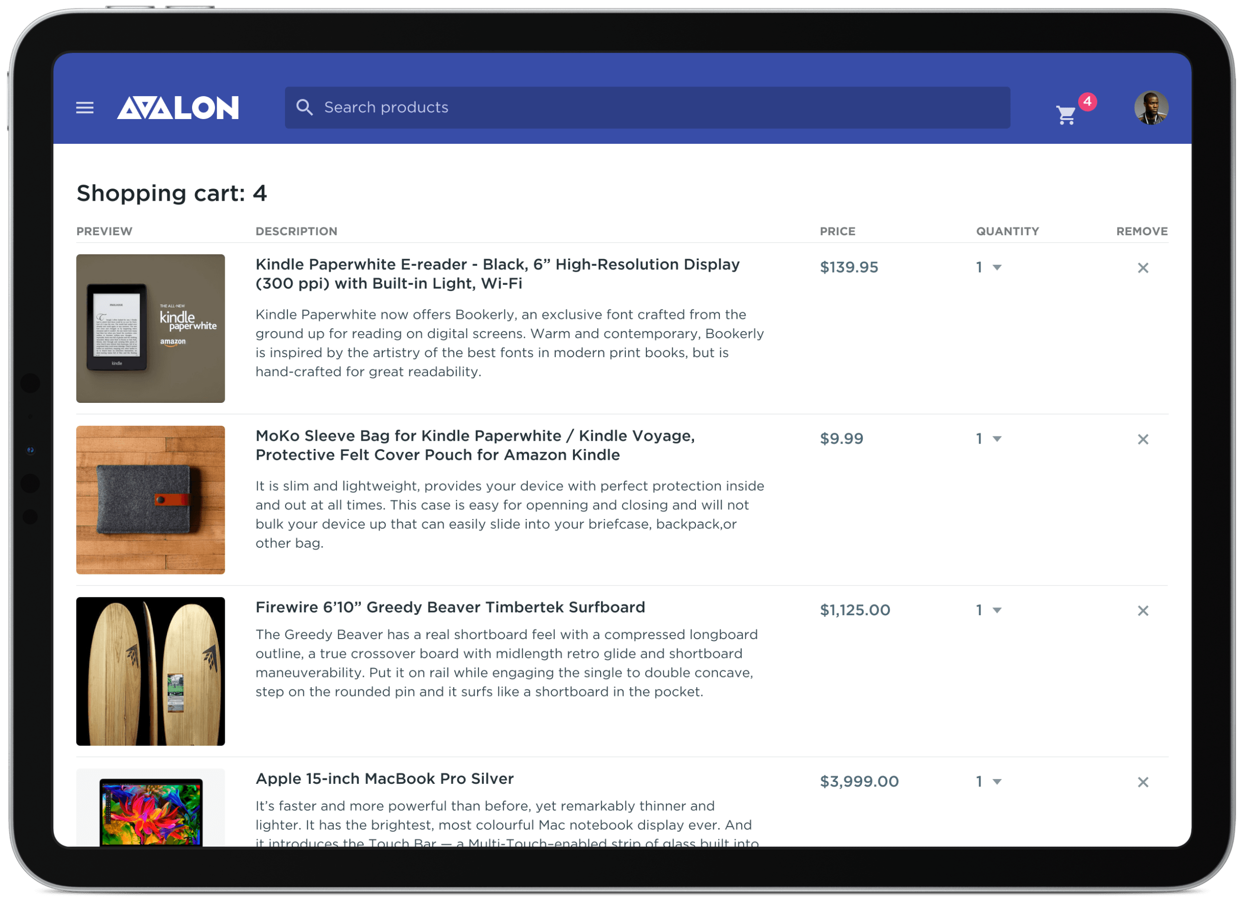 E-commerce shopping cart screen on an iPad listing selected items with descriptions, prices, and quantities.