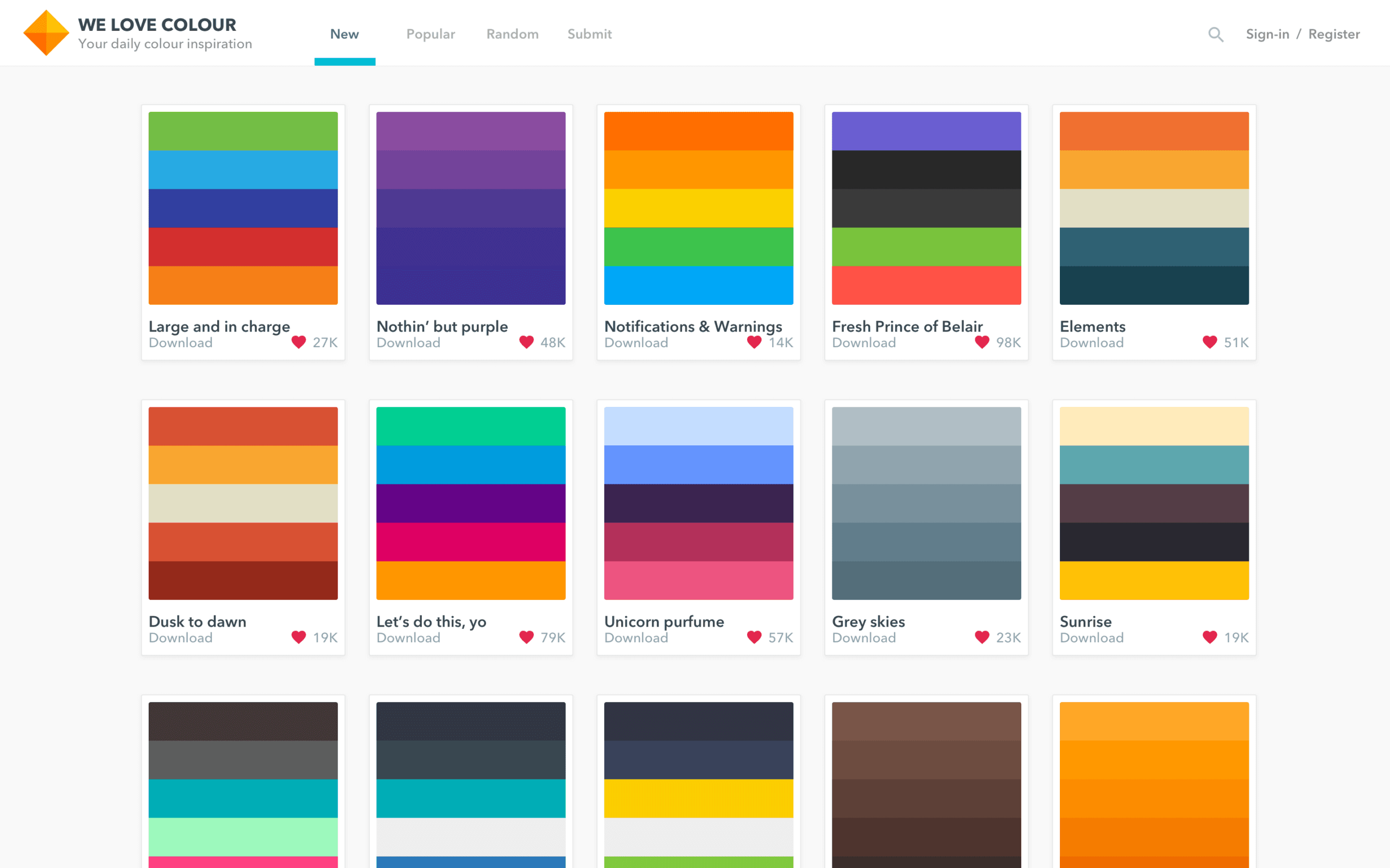 Color scheme library website grid displaying various colour palettes with like counts and download options.