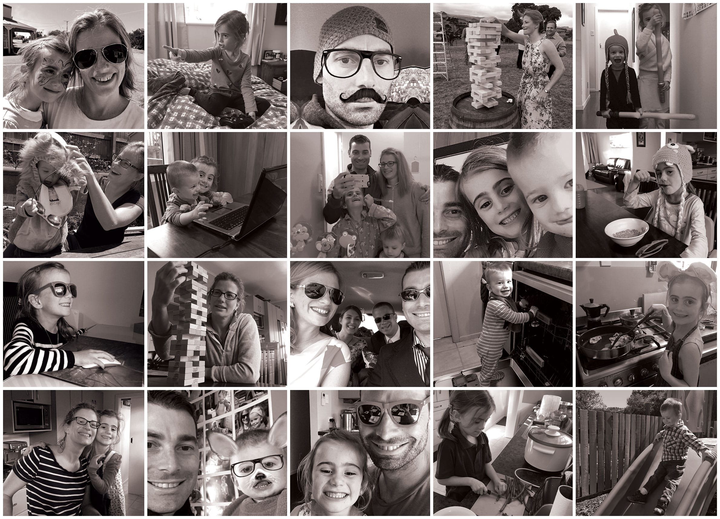 Grid photo collage of black-and-white family portraits and everyday candid moments.