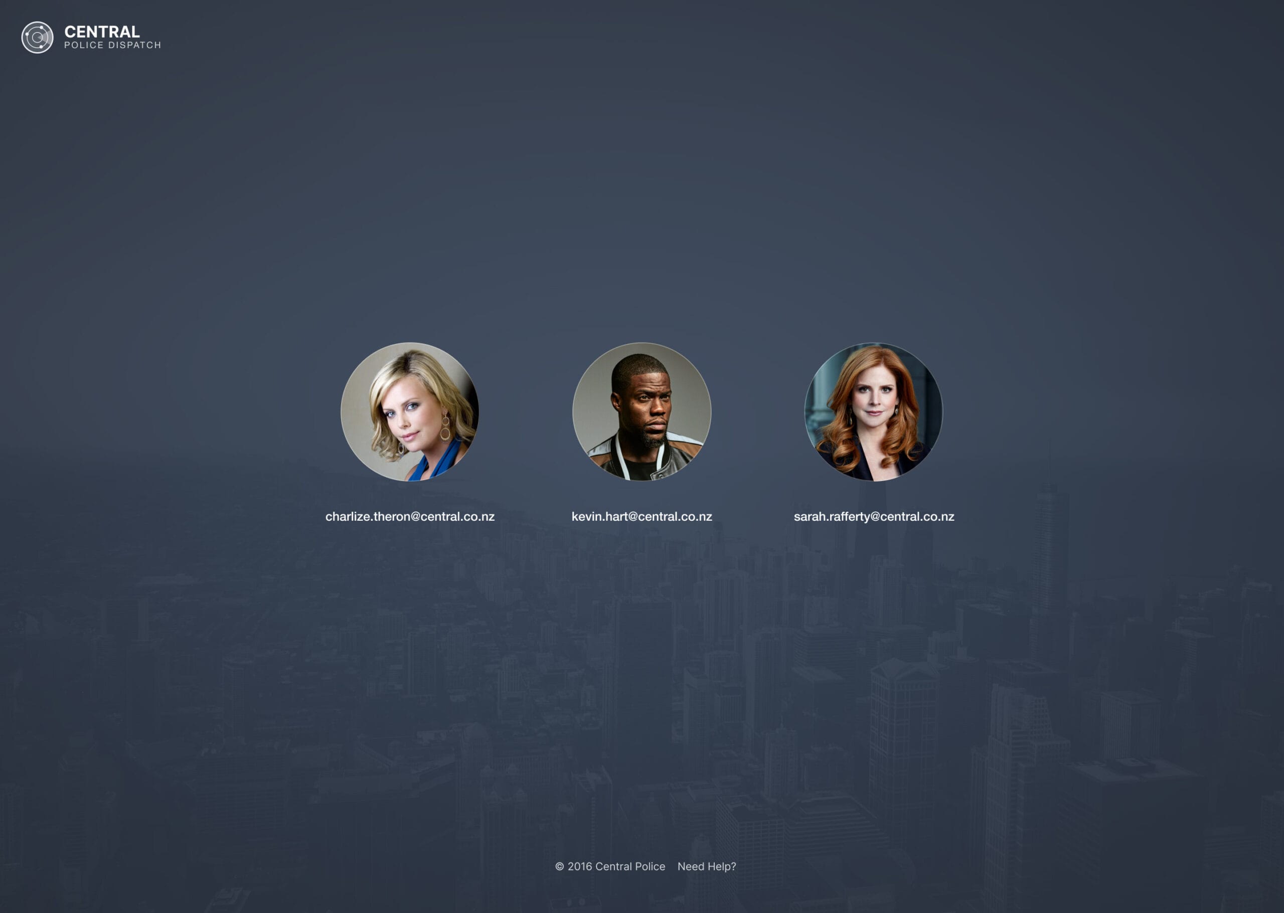 Account selection screen featuring circular user profile avatars over a city backdrop.