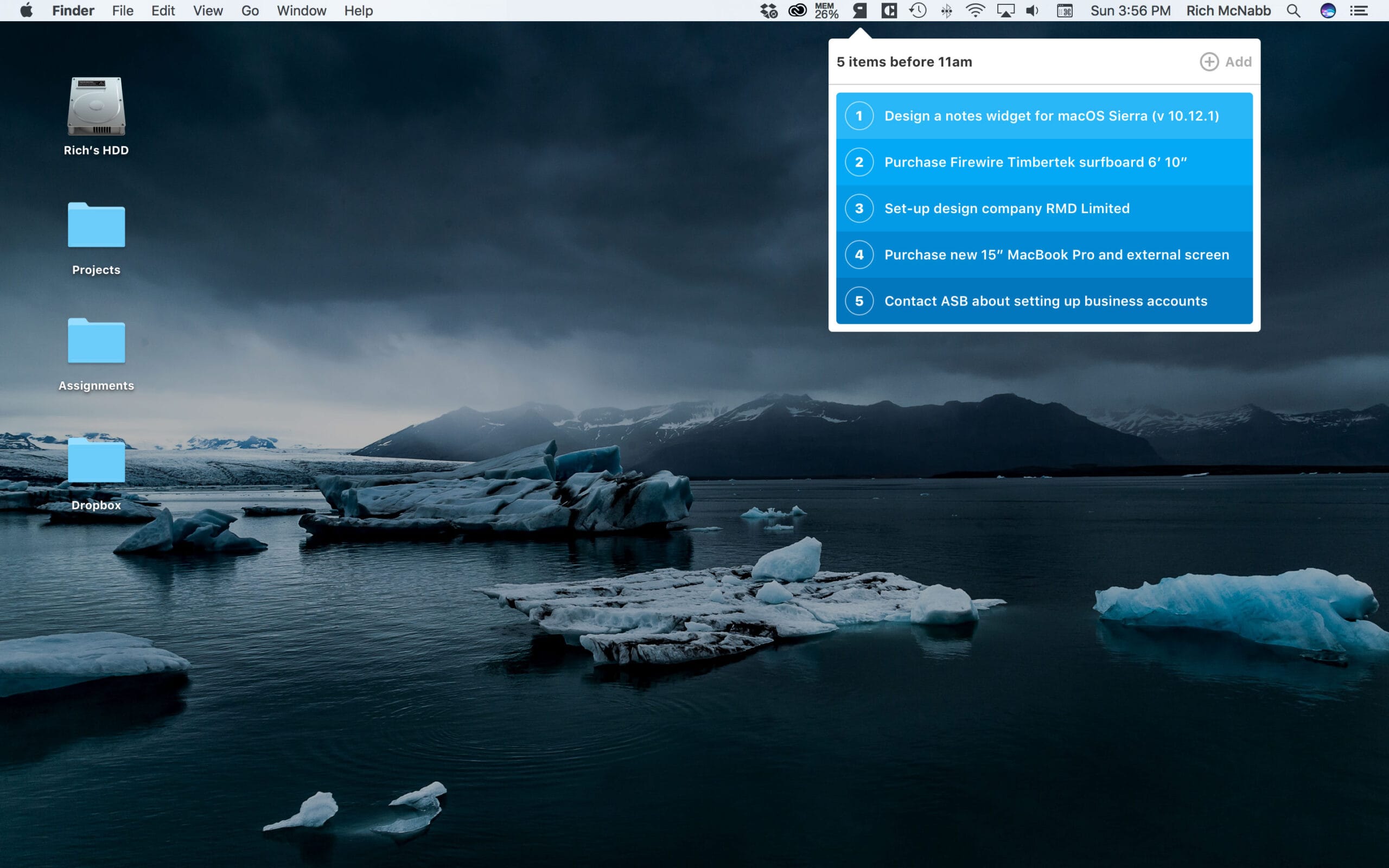 macOS desktop screen displaying a top-bar dropdown widget with a 5-item task list.