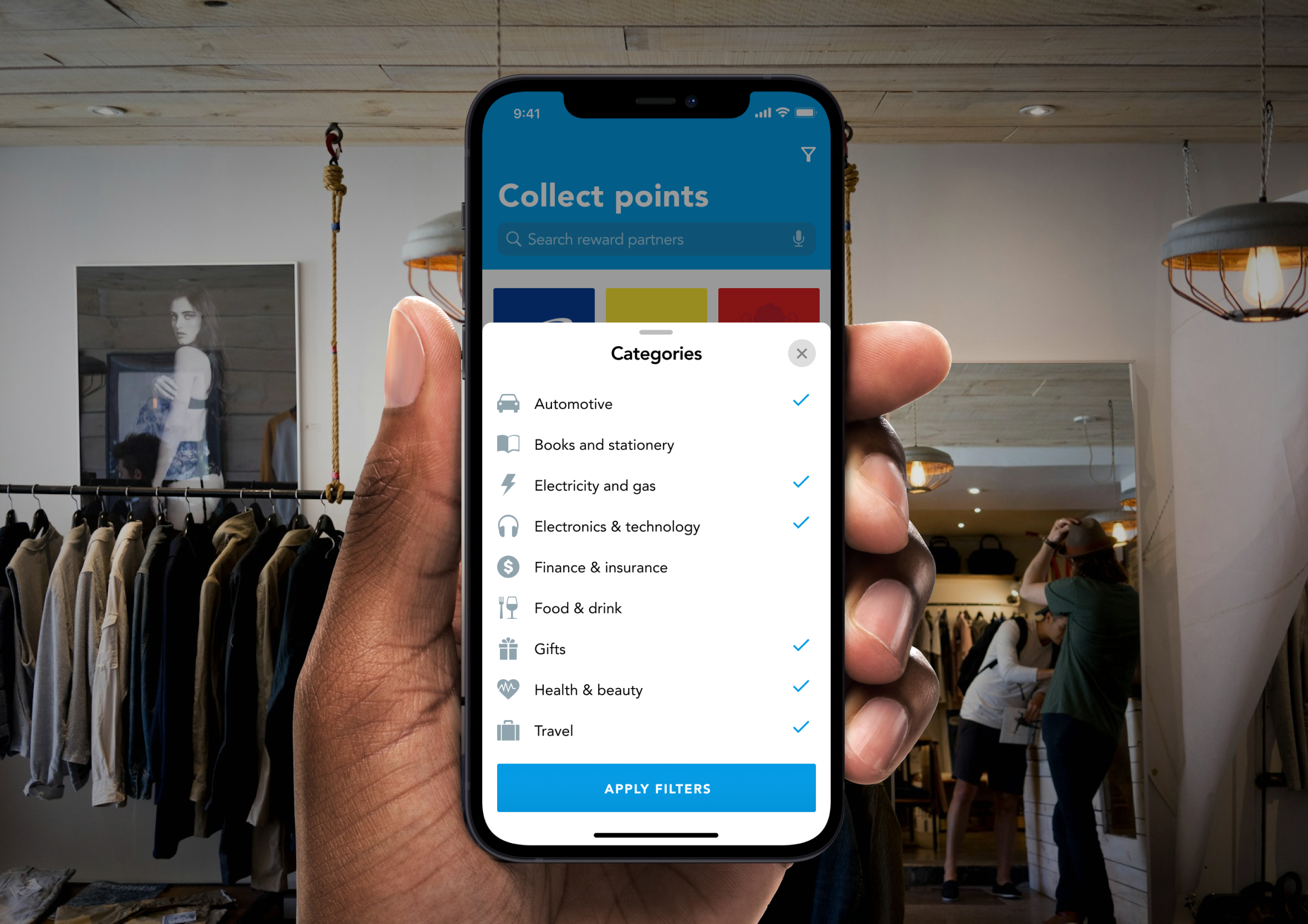 Hand holding an iPhone displaying a category filter pop-up menu over a retail store background.
