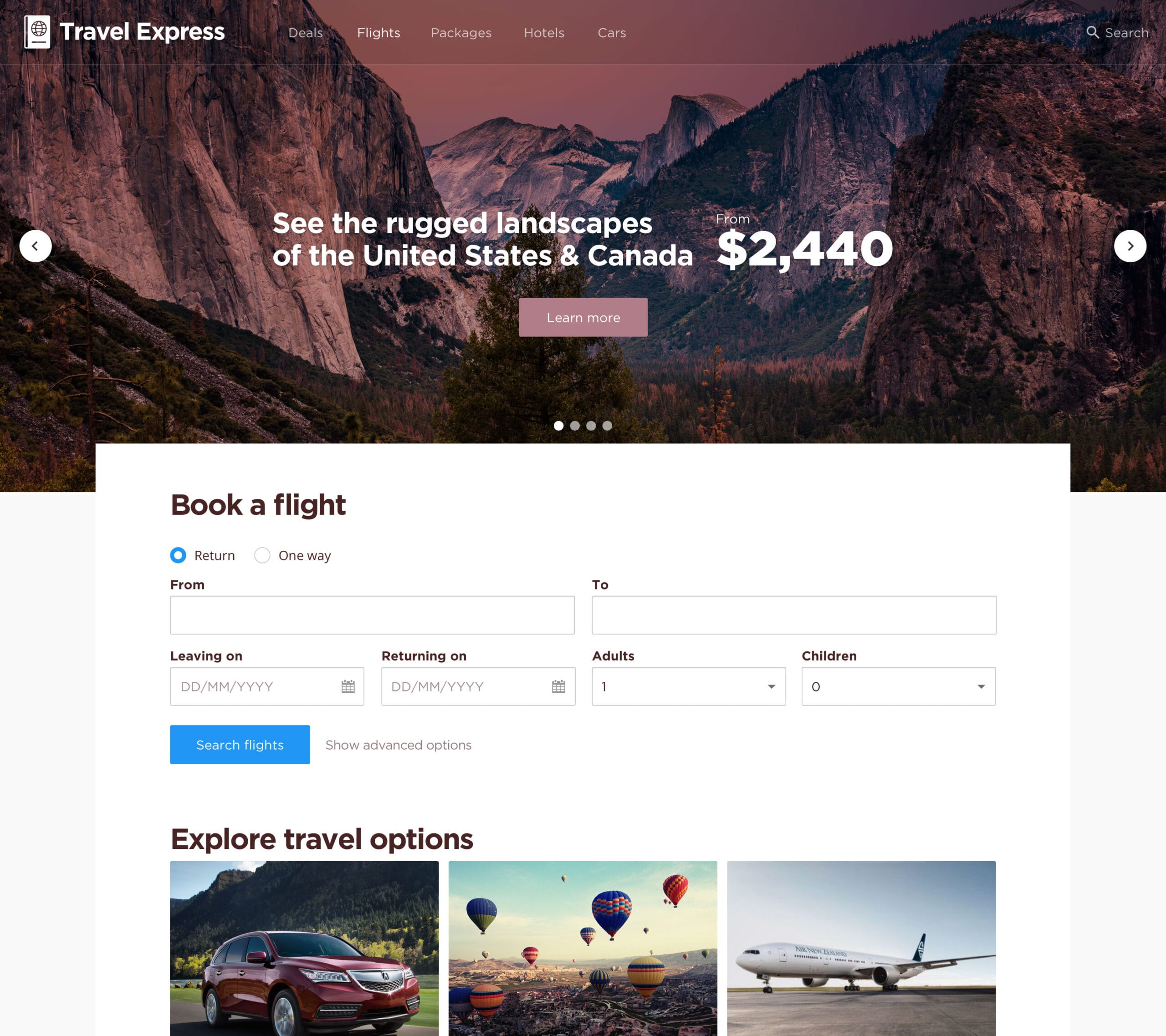 Travel booking website homepage featuring a hero banner of mountains above a flight search form.
