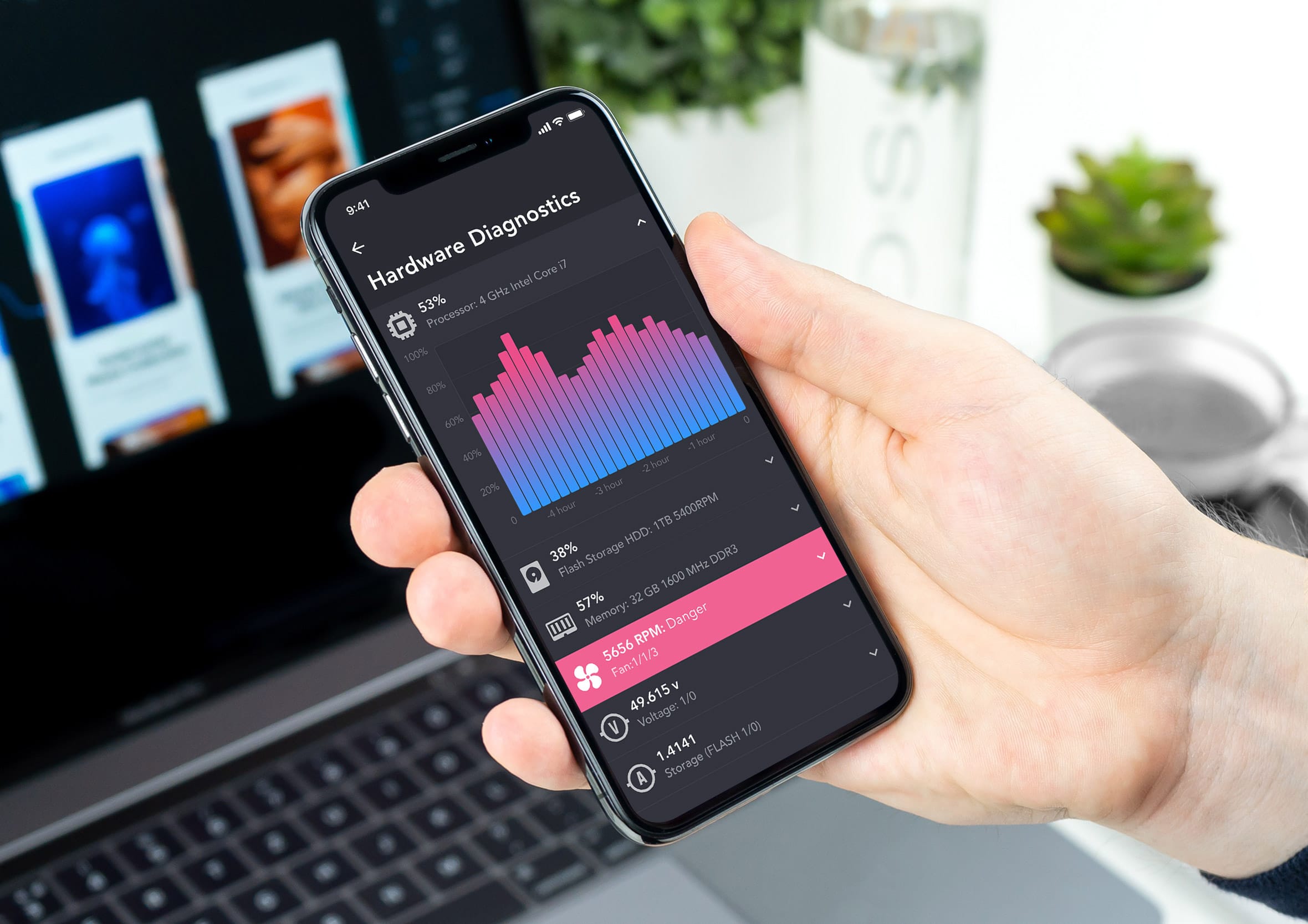 Hand holding an iPhone displaying a dark hardware diagnostics app with a colored bar graph.