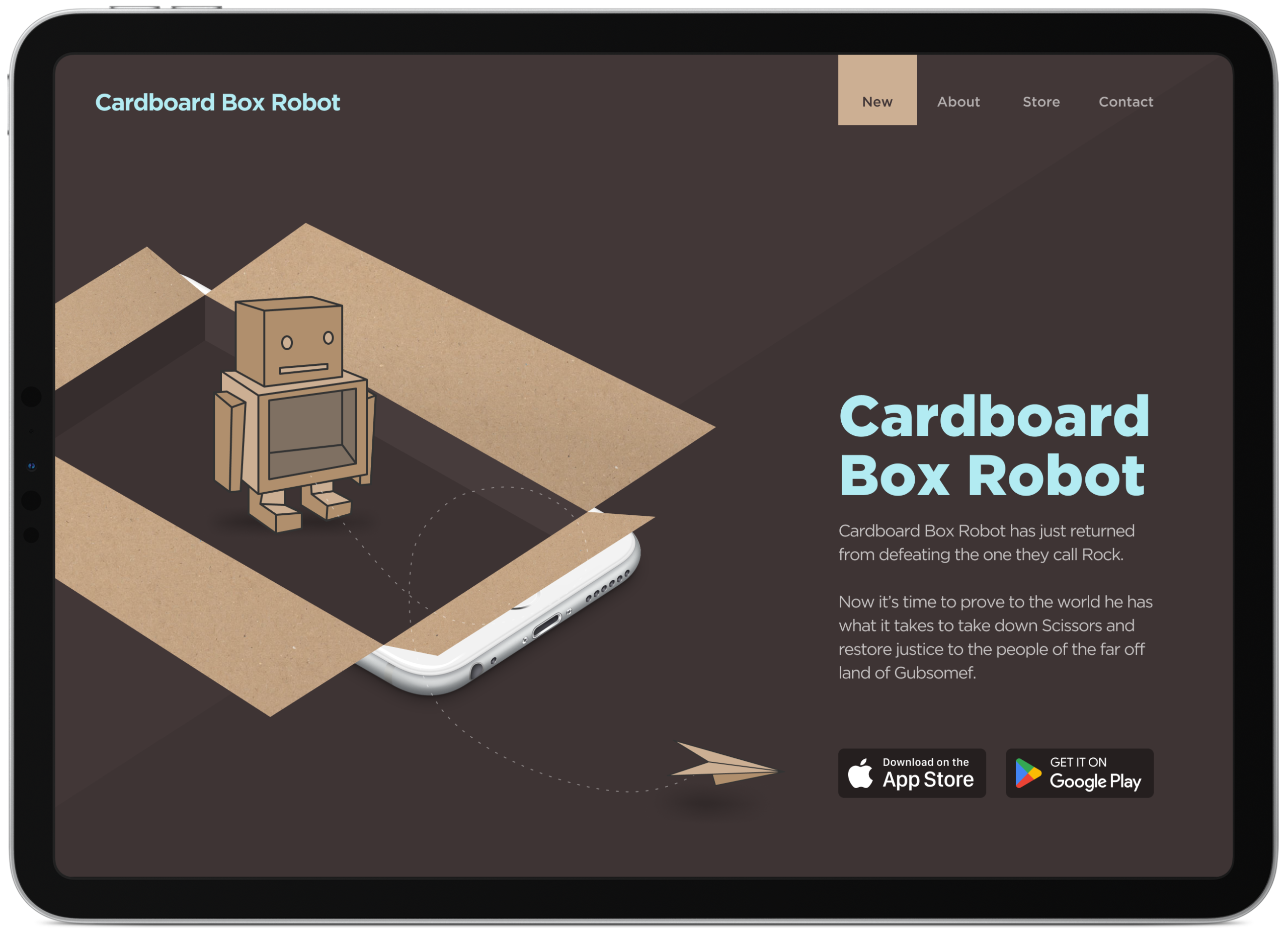App promotional landing page on an iPad displaying a cardboard box robot figure and app store download links.