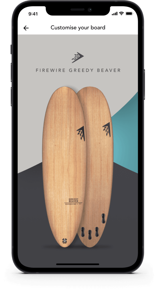 Mobile app screen showing a wooden surfboard customization interface.