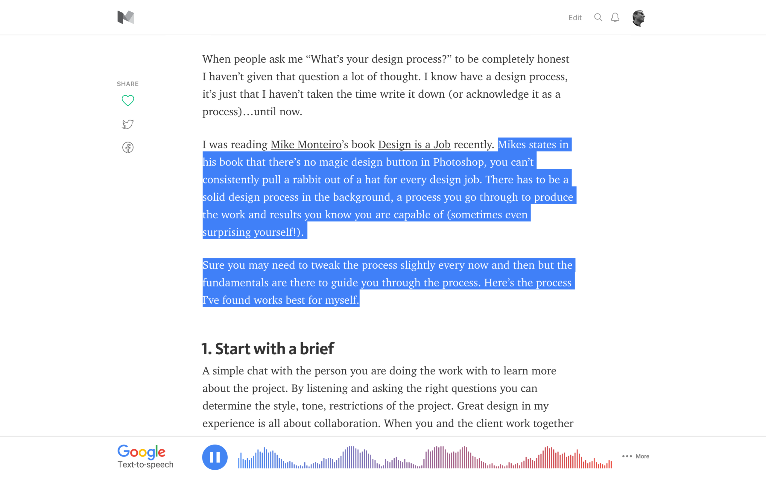 Web page showing an article layout with highlighted text selection and a bottom Google Text-to-speech audio control bar.