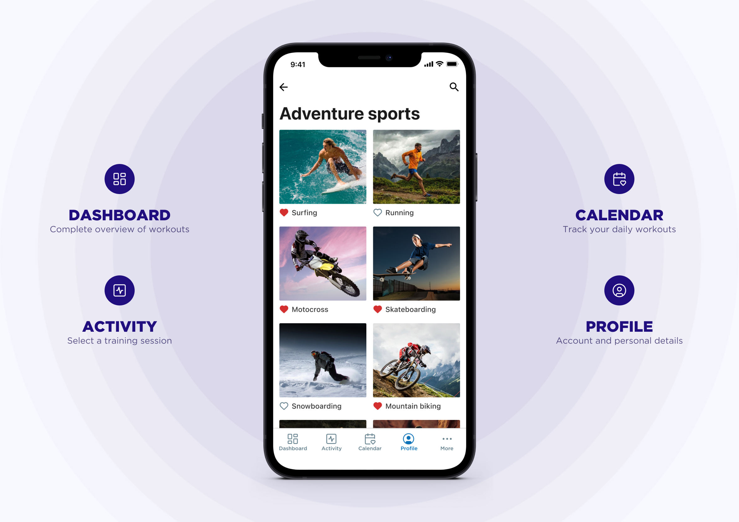 Smartphone mockup displaying an adventure sports category grid with surrounding feature callouts for Dashboard, Activity, Calendar, and Profile.