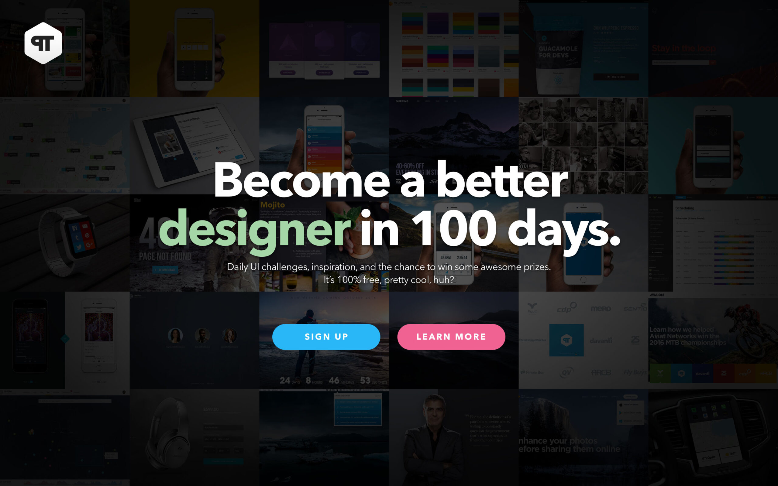 Dark-themed landing page redesign with a grid background of UI designs and sign-up buttons.