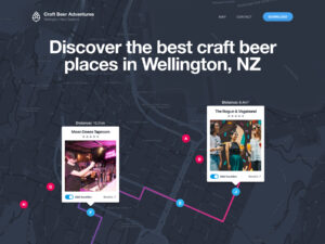 Web app interface for Craft Beer Adventures displaying an interactive map of Wellington, NZ, with pop-up cards highlighting local bar tour locations like Mean Doses Taproom and The Rogue & Vagabond.