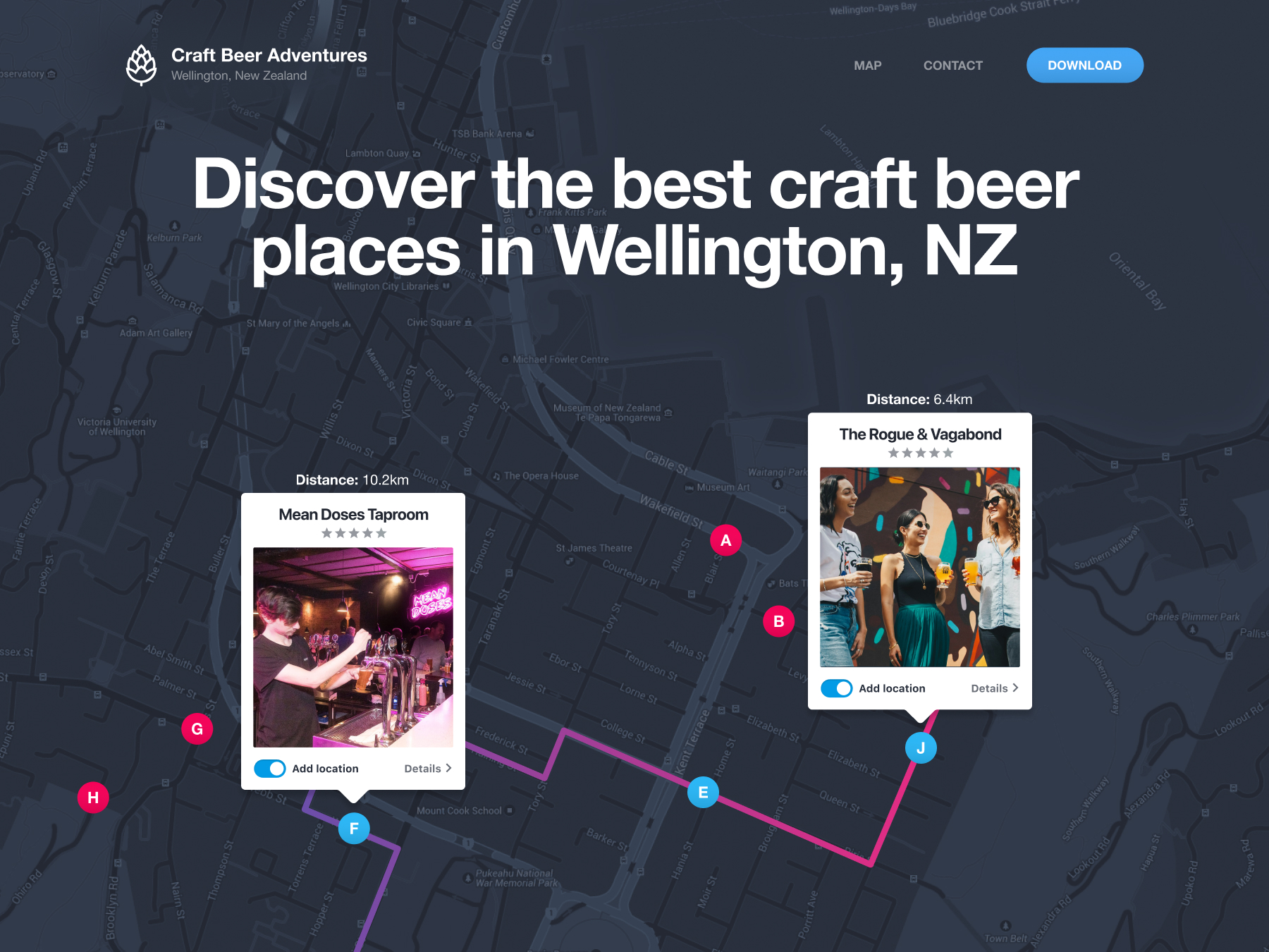 Web app interface for Craft Beer Adventures displaying an interactive map of Wellington, NZ, with pop-up cards highlighting local bar tour locations like Mean Doses Taproom and The Rogue & Vagabond.