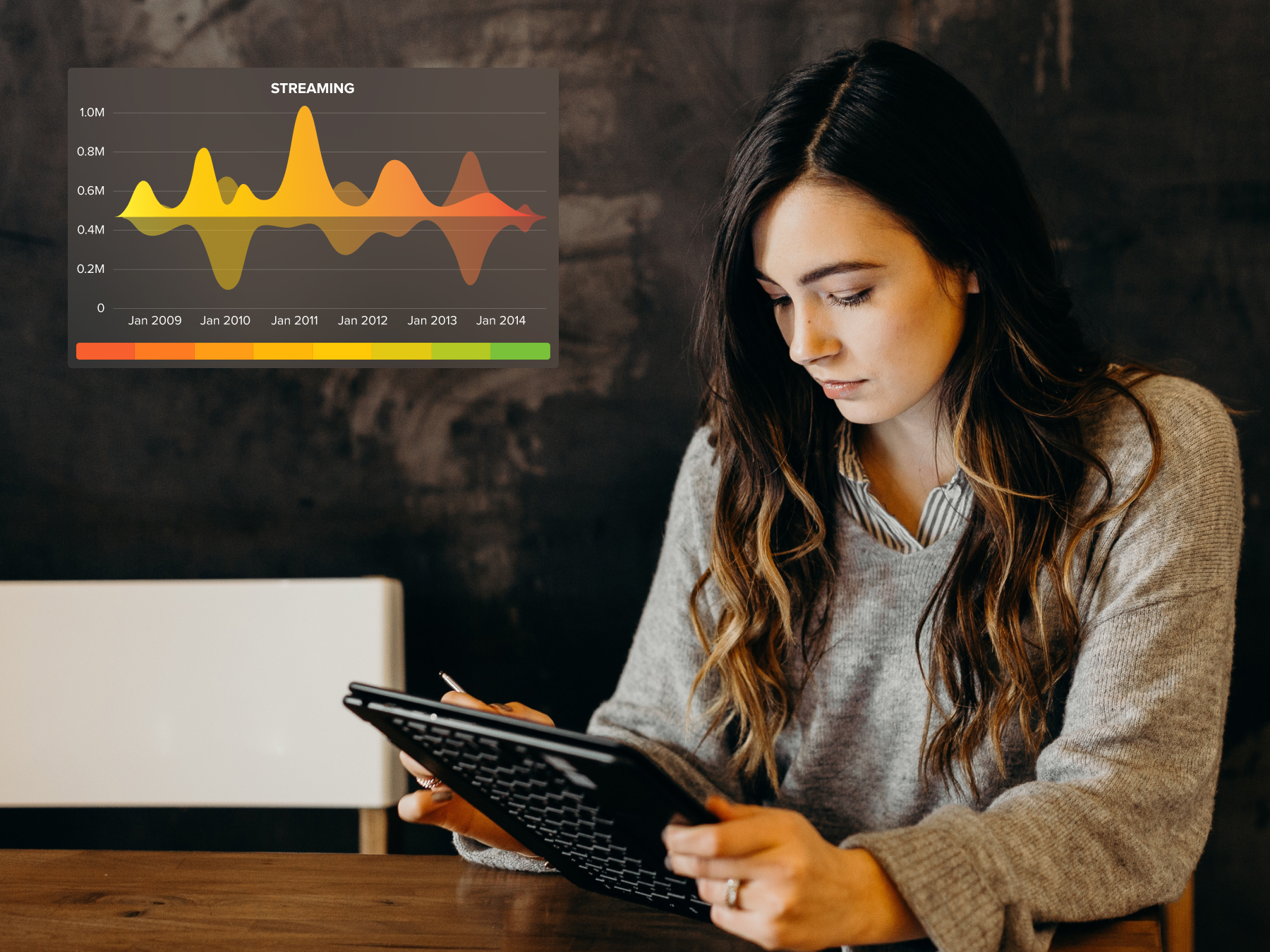 Woman working on a tablet with an overlaid UI data visualisation showing a colourful streaming analytics chart.