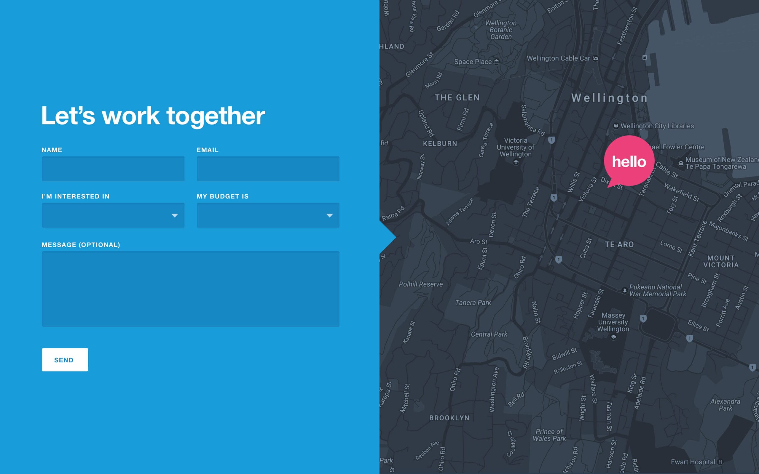 Contact form interface split between a bright blue inquiry panel and a dark street map overlay.
