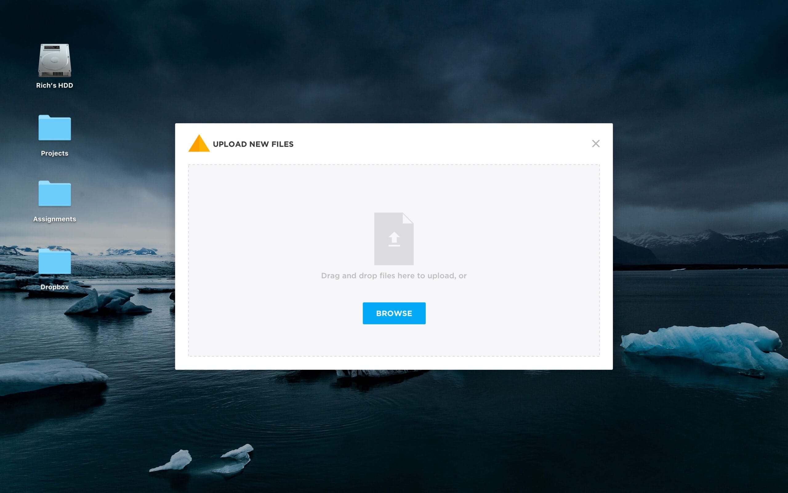 Desktop software upload modal presented in light mode over a scenic background.