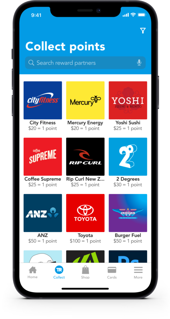 List view for finding stores where you can collect Travel Reward points