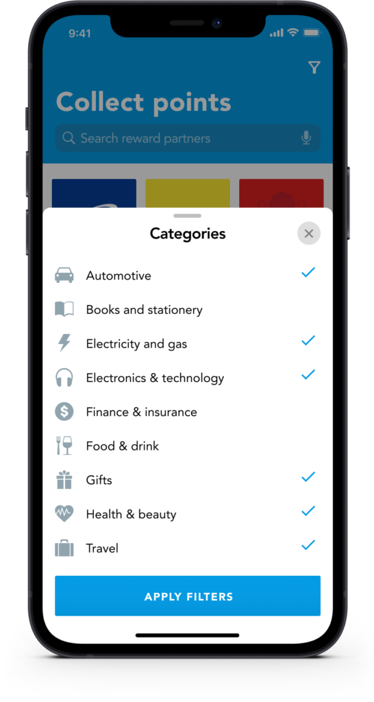 Filter screen for refining the list of partner stores