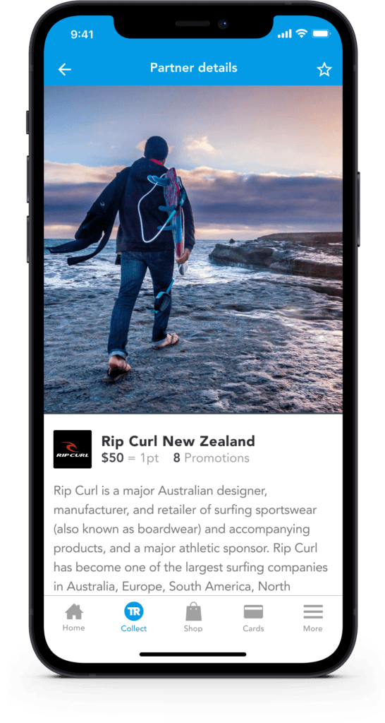 Rip Curl partner profile screen with hero image, point conversion rate, and company description.