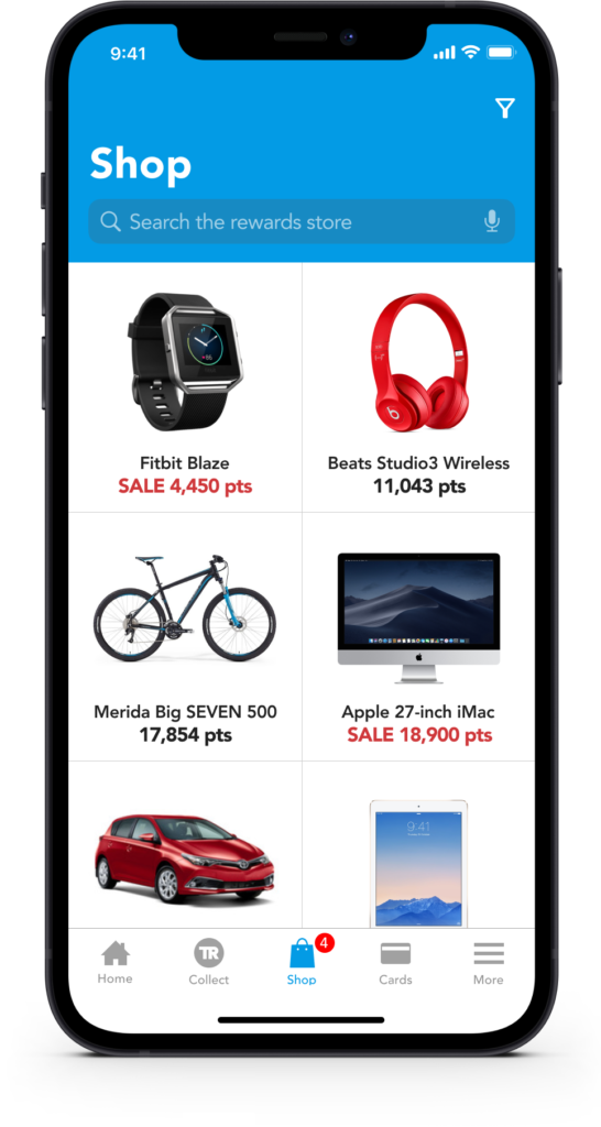 Shop screen for browsing where to spend Travel Reward points