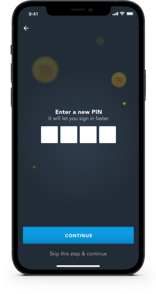 PIN entry screen for signing into Travel Rewards