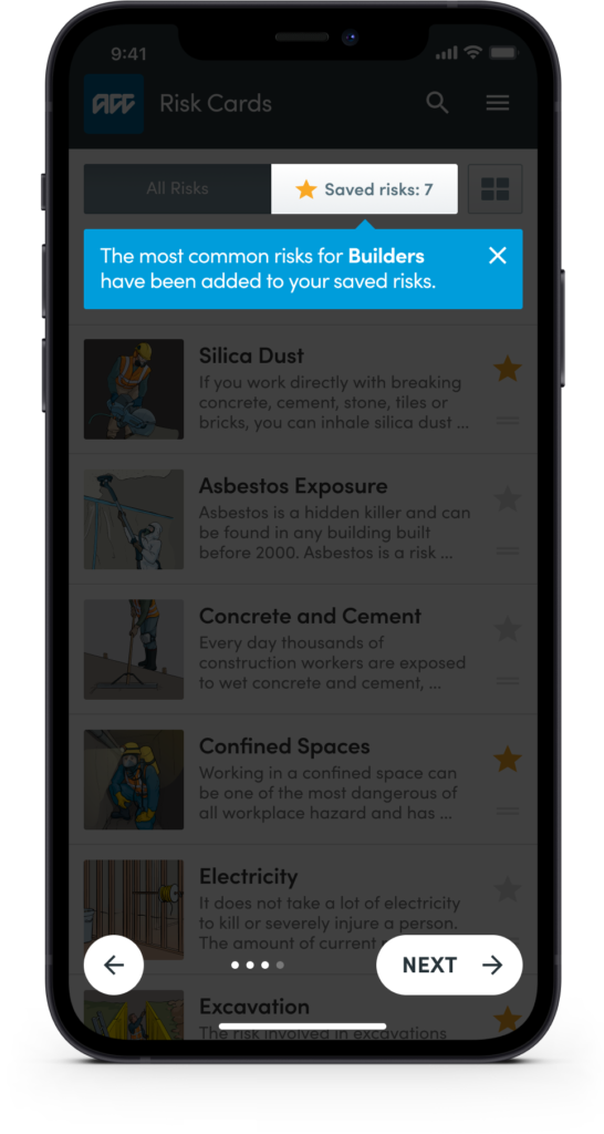 ACC health and safety app onboarding tooltip recommending relevant risks