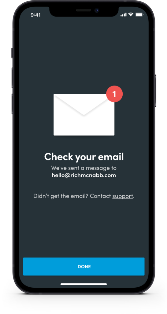 ACC health and safety app prompt to check email for a verification code