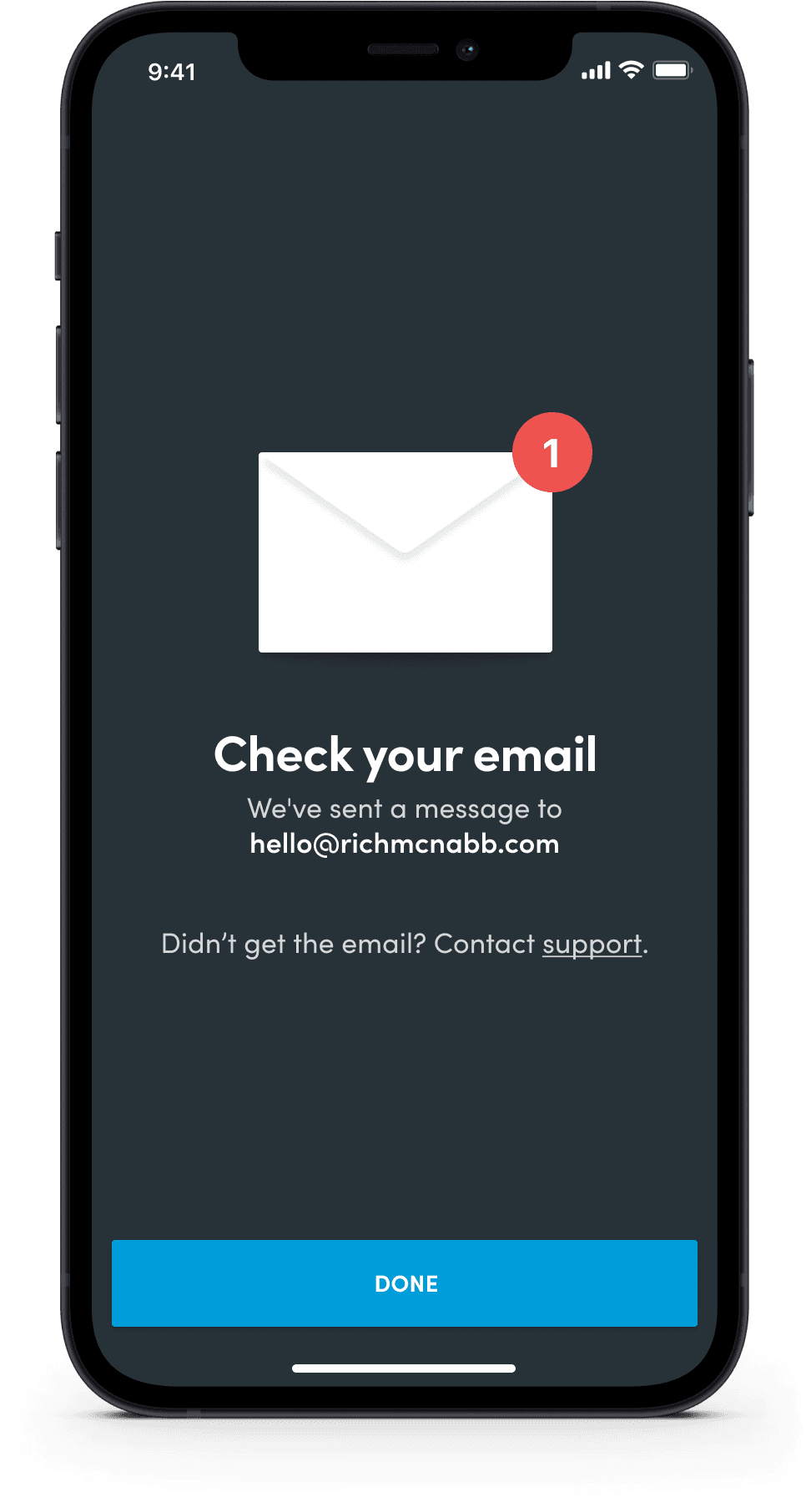 Mobile screen displaying an envelope graphic with a notification badge prompting the user to check their email for a login link.