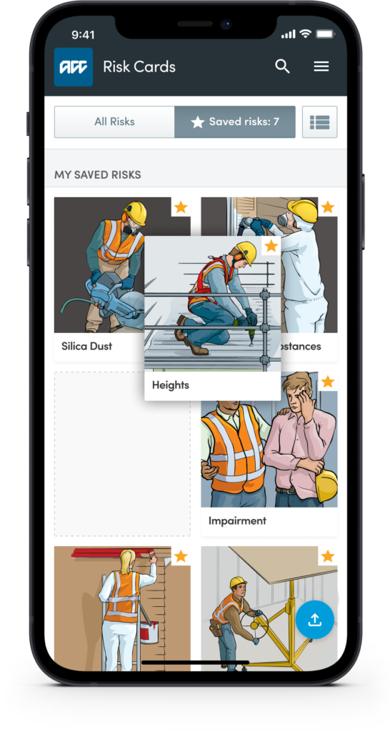 ACC health and safety app risk grid with drag and drop reordering