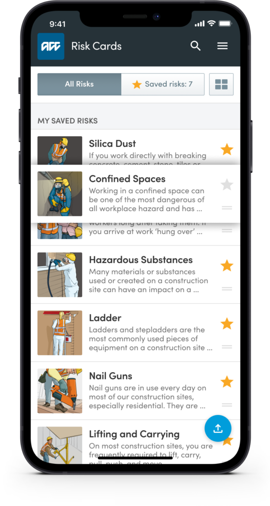 ACC health and safety app risk list with drag and drop reordering
