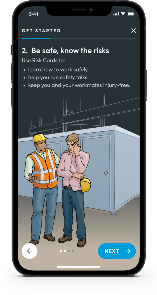 ACC health and safety app onboarding screen asking about the user's trade
