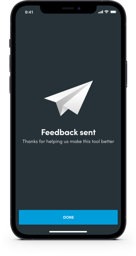 ACC health and safety app confirmation screen after a message is sent