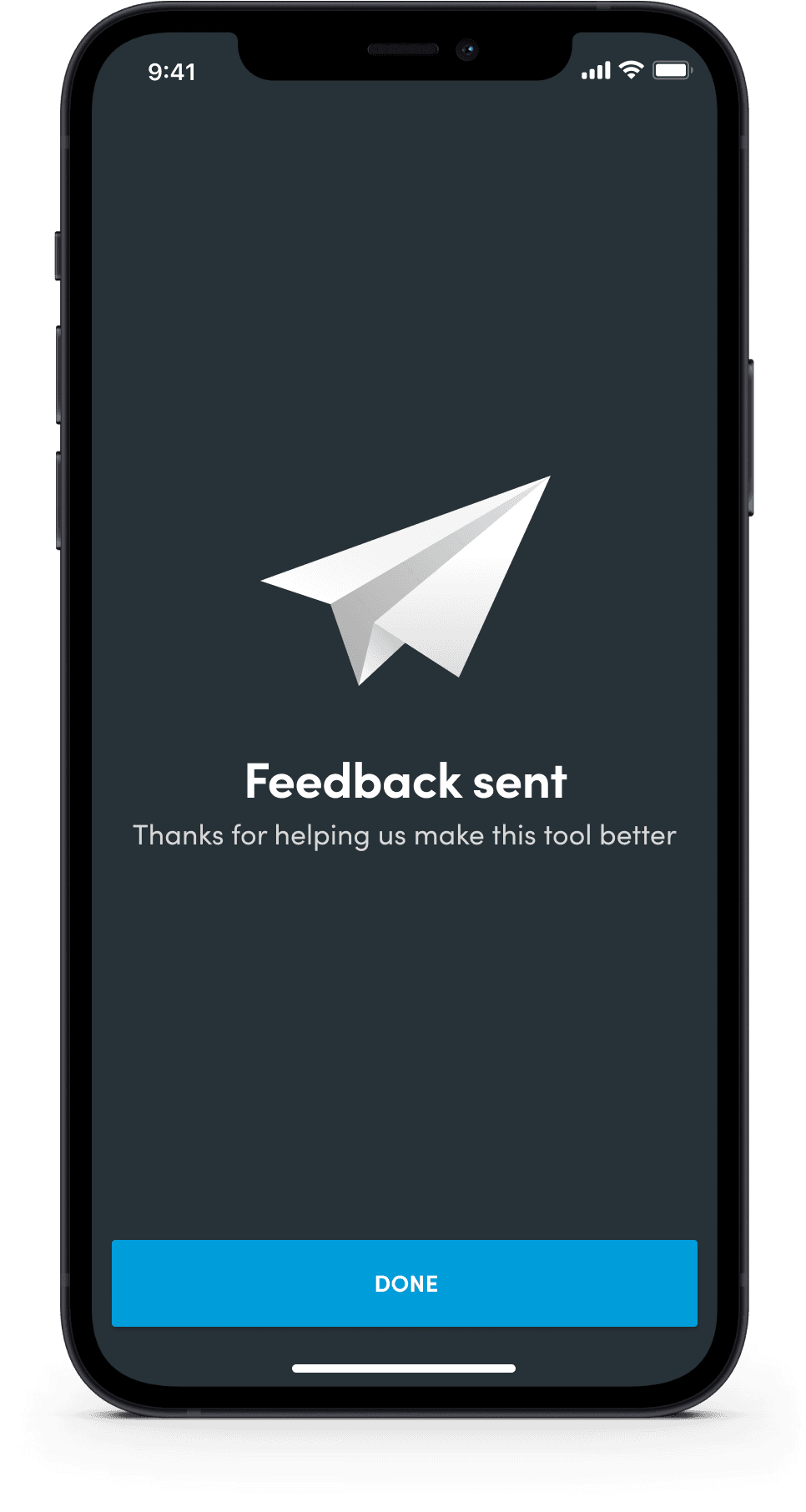Confirmation screen featuring a white paper plane graphic and "Feedback sent" message with a Done button.