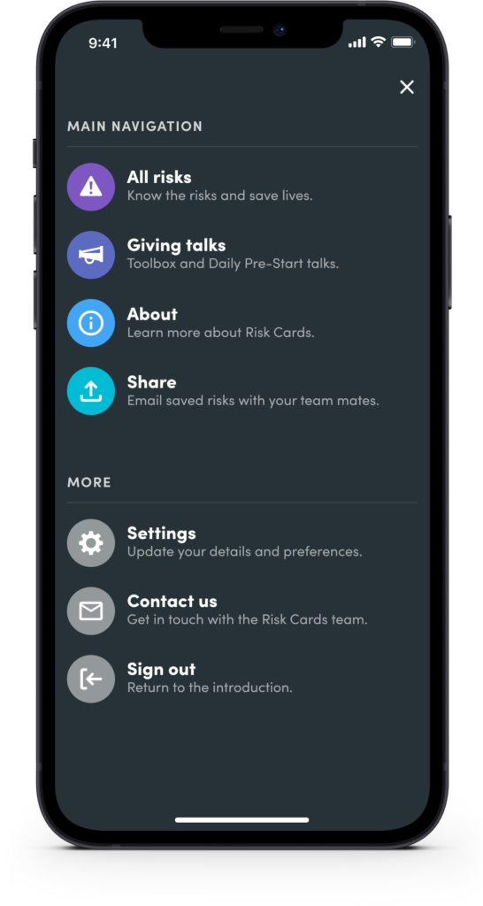 ACC health and safety app navigation menu split into primary and secondary actions