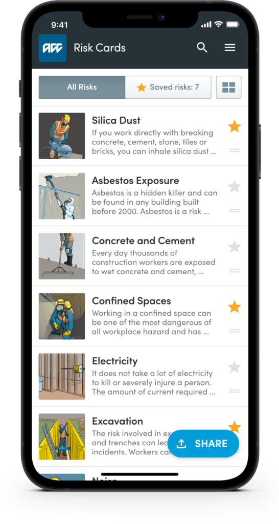 ACC health and safety app risks shown in list view