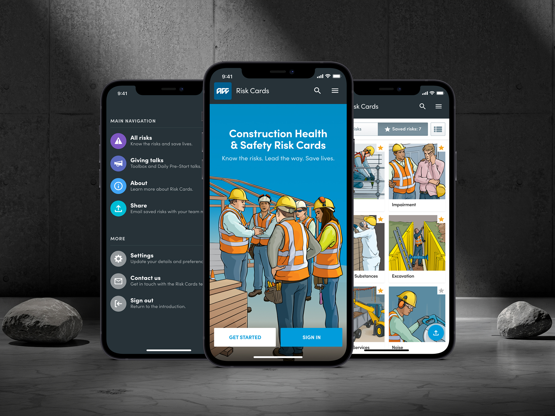 Three smartphones displaying the ACC Construction Health & Safety Risk Cards mobile app, showing the main menu, splash screen, and risk categories like Impairment and Excavation.