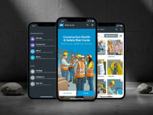 Three smartphones displaying the ACC Construction Health & Safety Risk Cards mobile app, showing the main menu, splash screen, and risk categories like Impairment and Excavation.